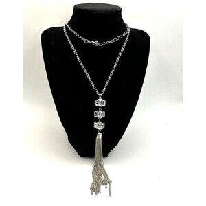 Necklace Womens Silver Tone Glass Emerald cut Round Tassel Pendant 19 inches
